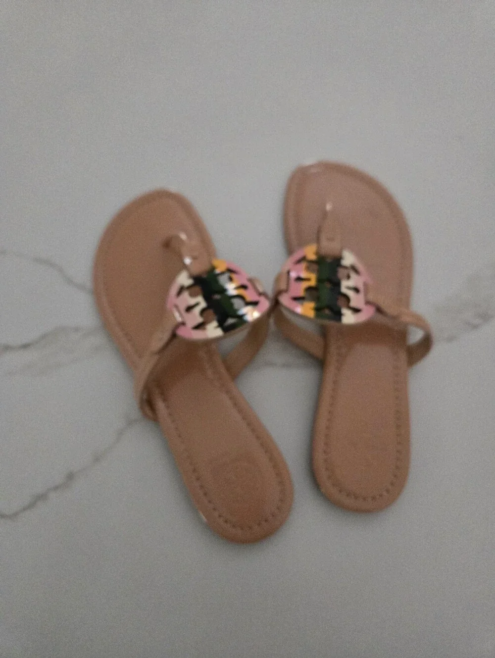 Tory Burch Multicolor Logo Tan Thong Sandals